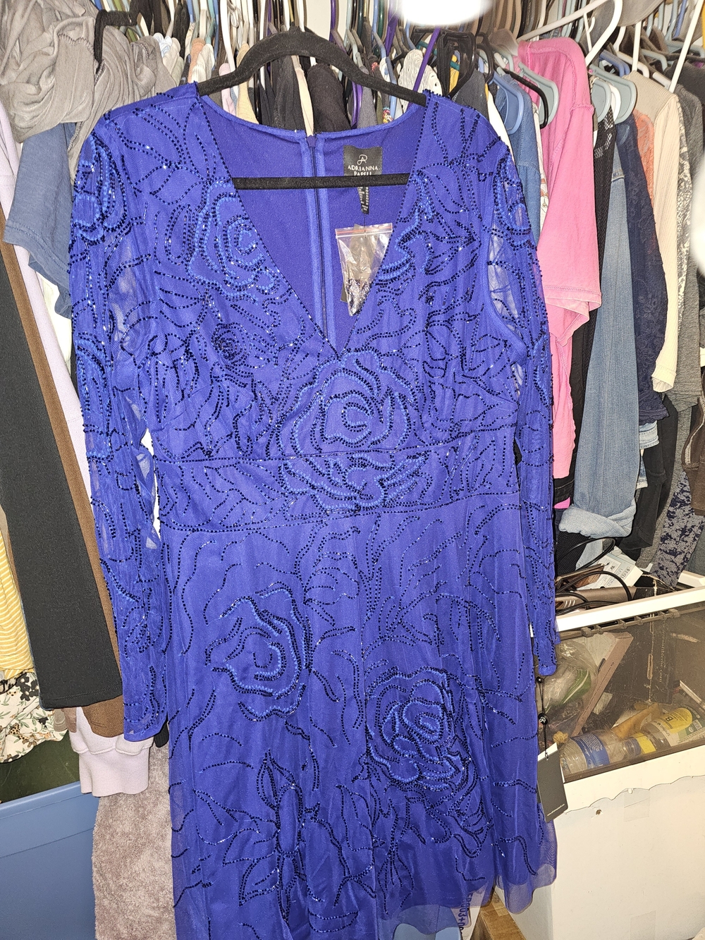Adrianna Papell Cobalt Blue Long Sleeve Beaded V-Neck Dress